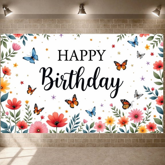 Floral Design Banner Butterfly Pattern Floral Backdrop Colorful Gold Stars Party Background for Birthday Party Garden Celebration Photo Shoot Backdrop