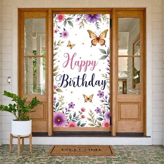 Floral Design Banner Butterfly Pattern Floral Birthday Display Gold Glitter Accents Pink Purple Color Butterfly Birthday Backdrop for Birthday Party Garden Party Spring Celebration