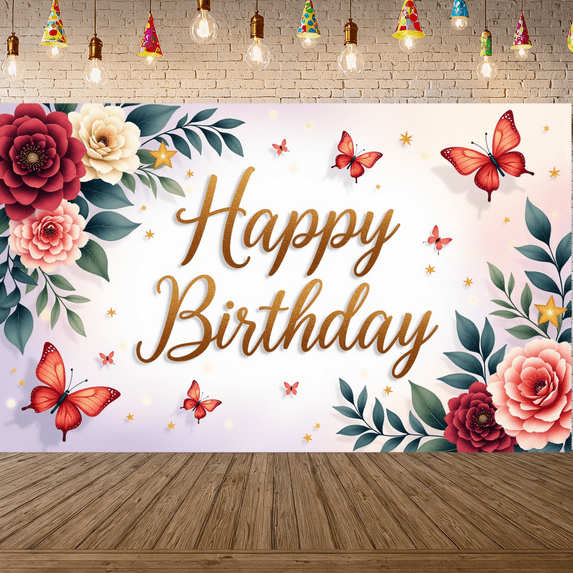 Floral Design Banner Butterfly Theme Decorative Flowers Celebration for Birthday Party Indoor Decoration Kids Event