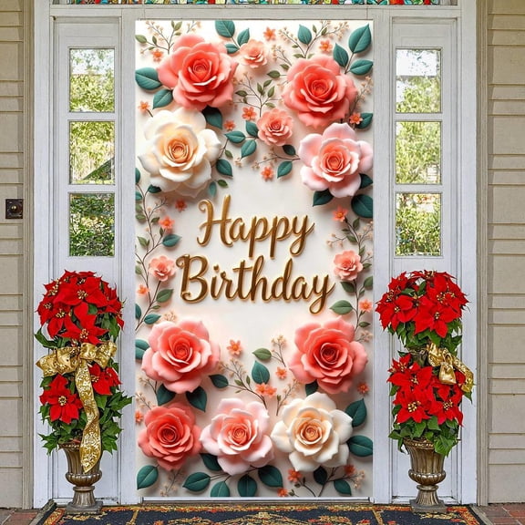 Floral Design Banner Red Flowers Flower Party Backdrop Green Leaves 3D Paper Art Birthday Floral Background for Birthday Party Photo Shoot Indoor Decoration