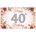 thumbnail image 1 of Floral Design Banner Rose Theme Decorative Sequin Birthday Banner for 40th Celebration Party Event Decor Indoor Use, 1 of 9