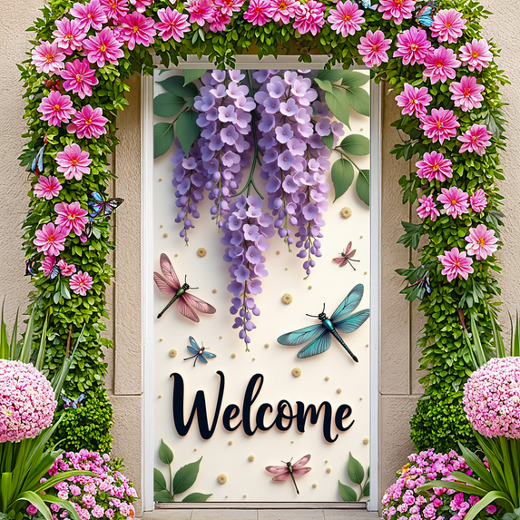 Floral Design Banner Welcome Sign Dragonfly Pattern Nature for Home Decoration Garden Party Event Decor