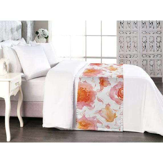 Floral Design Bed Runner, Autumn Colors Watercolor Style Flowers and Petals on Plain Backdrop, Decorative Accent Bedding Scarf for Hotels Homes & Guest Rooms, Queen, Vermilion Rose White, by Ambesonne