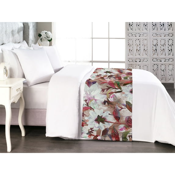 Floral Design Bed Runner, Colorful Dreamy Silhouettes of Tropical Flowers with Leaves, Decorative Accent Bedding Scarf for Hotels Homes & Guest Rooms, King, Dark Coral Cocoa Hot Pink, by Ambesonne