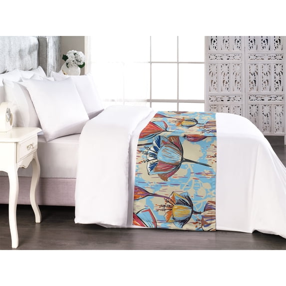 Floral Design Bed Runner, Contemporary Art Colors Garden Scene Tulip Flower Silhouettes, Decorative Accent Bedding Scarf for Hotels Homes & Guest Rooms, King, Cream Pale Azure Blue Red, by Ambesonne