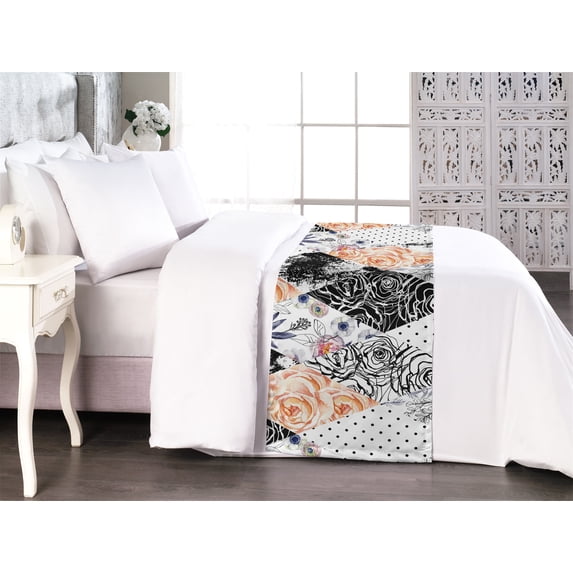 Floral Design Bed Runner, Contemporary Art Geometric Rose Pattern in Lozen Shapes Print, Decorative Accent Bedding Scarf for Hotels Homes & Guest Rooms, King, White Charcoal Grey Amber, by Ambesonne