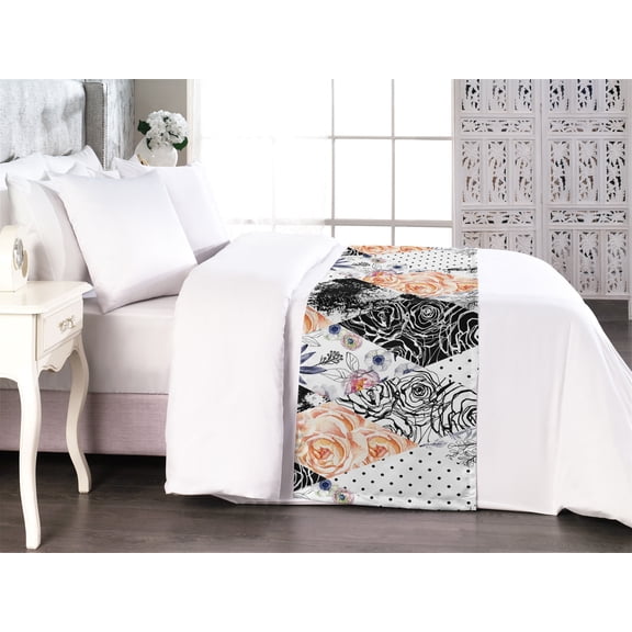 Floral Design Bed Runner, Contemporary Art Geometric Rose Pattern in Lozen Shapes Print, Decorative Accent Bedding Scarf for Hotels Homes & Guest Rooms, Queen, White Charcoal Grey Amber, by Ambesonne