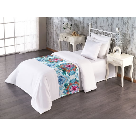 Floral Design Bed Runner, Dreamy Illustration of Symmetric Leafy Patterns with Squares Art, Decorative Accent Bedding Scarf for Hotels Homes & Guest Rooms, Twin, Sea Blue Teal Pale Pink, by Ambesonne