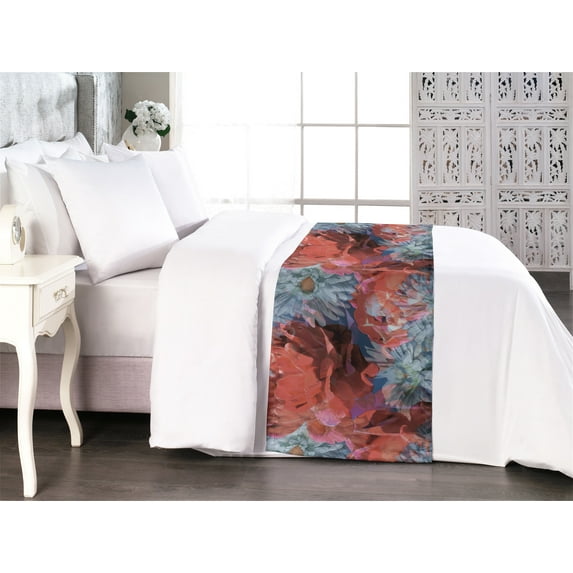 Floral Design Bed Runner, Dreamy Inspirations Gerbera and Rose Petals Boho Watercolor Art, Decorative Accent Bedding Scarf for Hotels Homes & Guest Rooms, Queen, Dark Coral Almond Green, by Ambesonne