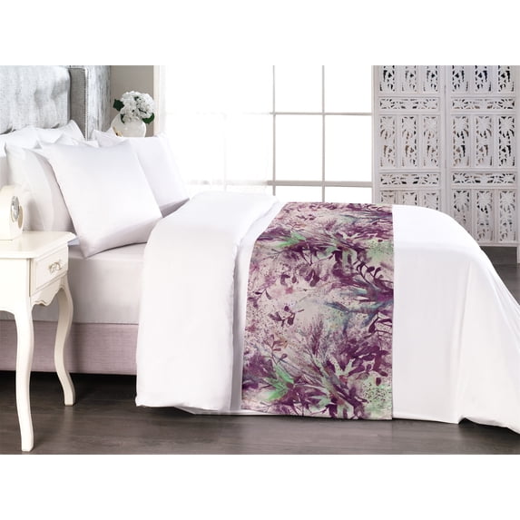 Floral Design Bed Runner, Grunge Silhouettes of Wild Jungle Boho on Pinkish Backdrop Print, Decorative Accent Bedding Scarf for Hotels Homes & Guest Rooms, King, Shamrock Green Eggplant, by Ambesonne