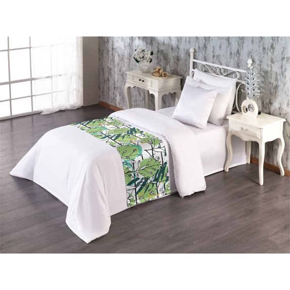 Floral Design Bed Runner, Minimalist Delicate Flowers Sketch with Abstract Geometric Art, Decorative Accent Bedding Scarf for Hotels Homes & Guest Rooms, Twin, Pistachio Green Sea Green, by Ambesonne