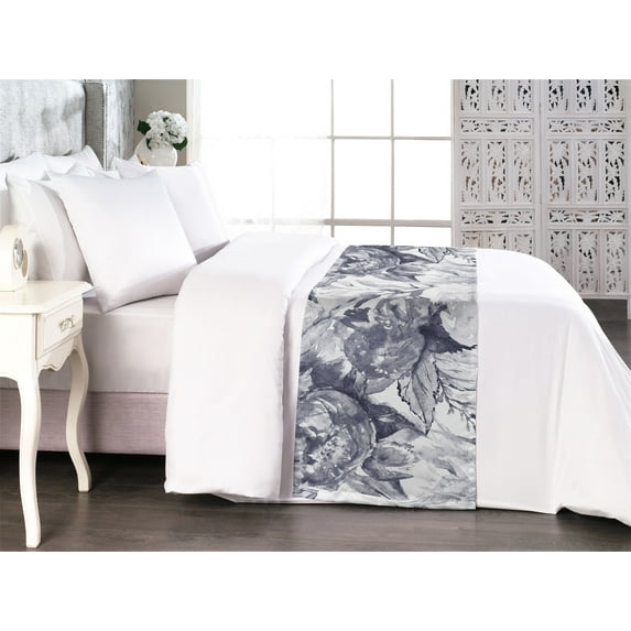 Floral Design Bed Runner, Monochrome Wild Nature Flowers Silhouettes Watercolor Style Artwork, Decorative Accent Bedding Scarf for Hotels Homes & Guest Rooms, Queen, White and Purpleblue, by Ambesonne