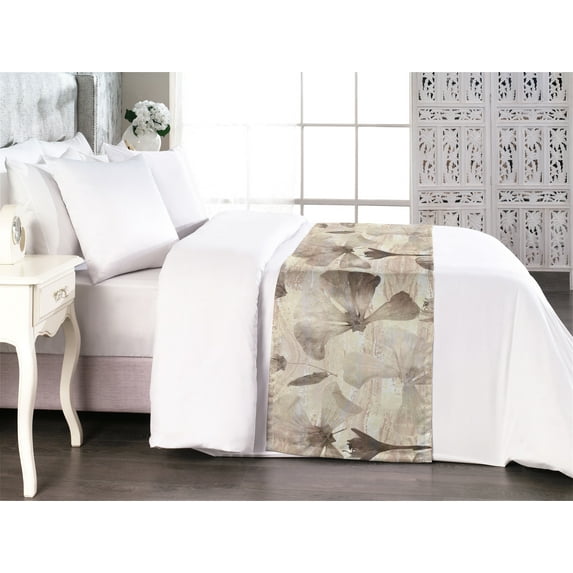 Floral Design Bed Runner, Neutral Boho Delicate Petals of Blooms with Grunge Waves Abstract Back, Decorative Accent Bedding Scarf for Hotels Homes & Guest Rooms, King, Taupe Warm Taupe, by Ambesonne