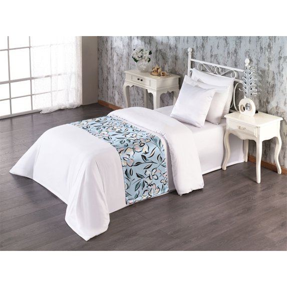 Floral Design Bed Runner, Pastel Dream of Blooming Flowers in Peachy and Creamy Details, Decorative Accent Bedding Scarf for Hotels Homes & Guest Rooms, Twin, Pale Blue and Cadet Blue, by Ambesonne