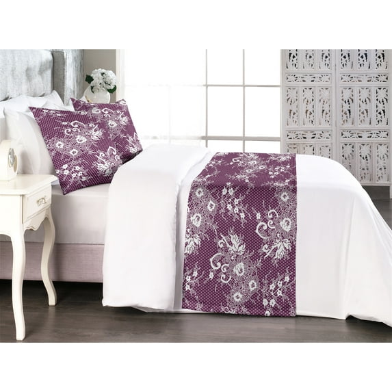 Floral Design Bed Runner Set, Abstract Flowers Boho Silhouettes on Grid Like Back Cottagecore Print, Decorative Bedding Scarf & 2 Pillow Shams for Hotels Homes, King, Dark Magenta White, by Ambesonne