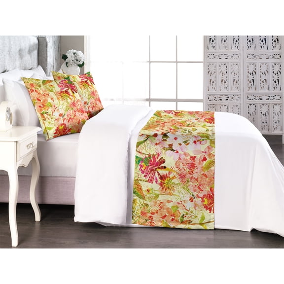 Floral Design Bed Runner Set, Asian Feels Watercolor Silhouettes of Flowers Dreamy Composition Print, Decorative Bedding Scarf & 2 Pillow Shams for Hotels Homes, King, Apple Green Coral, by Ambesonne