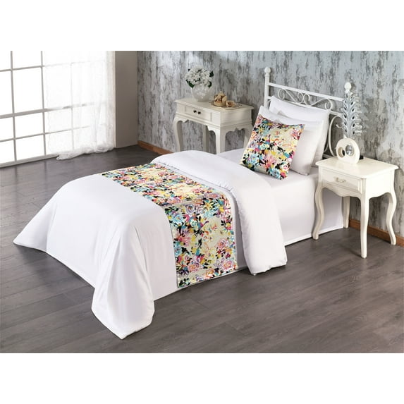 Floral Design Bed Runner Set, Colorful Design Outline Style Pattern of Blooming Roses Print, Decorative Bedding Scarf & a Pillow Sham for Hotels Homes, Twin, Petrol Blue Pale Yellow, by Ambesonne