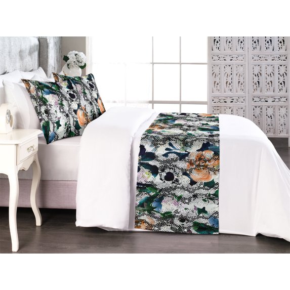 Floral Design Bed Runner Set, Grunge Flowers Scene and Delicate Petals with Darkened Motifs, Decorative Bedding Scarf & 2 Pillow Shams for Hotels Homes, Queen, Salmon Hunter Green White, by Ambesonne