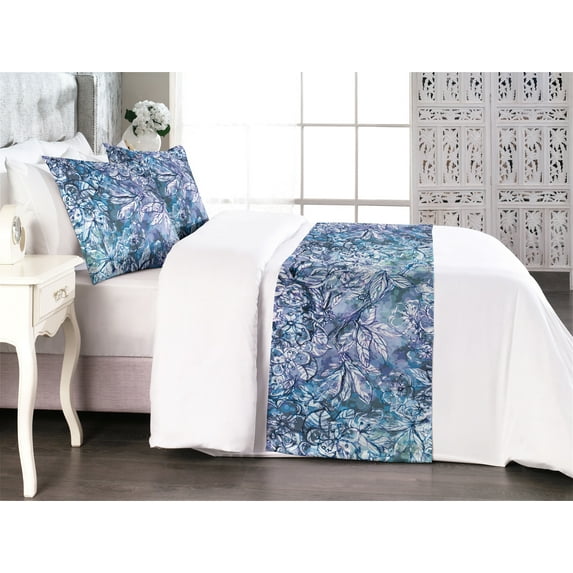 Floral Design Bed Runner Set, Grunge Themed Jungle Scene with Flowers and Leaves Pattern Art, Decorative Bedding Scarf & 2 Pillow Shams for Hotels Homes, Queen, Pale Ceil Blue Off White, by Ambesonne