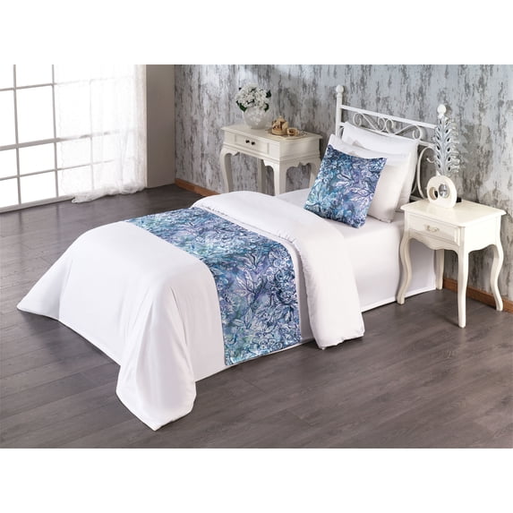 Floral Design Bed Runner Set, Grunge Themed Jungle Scene with Flowers and Leaves Pattern Art, Decorative Bedding Scarf & a Pillow Sham for Hotels Homes, Twin, Pale Ceil Blue Off White, by Ambesonne