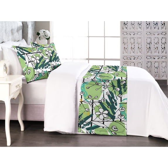 Floral Design Bed Runner Set, Minimalist Delicate Flowers Sketch with Abstract Geometric Art, Decorative Bedding Scarf & 2 Pillow Shams for Hotels Homes, Queen, Pistachio Green Sea Green, by Ambesonne