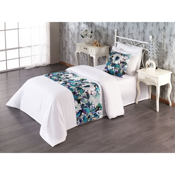 Floral Design Bed Runner Set, Modern Watercolor Garden Boho Stems and Asters Flowers Print, Decorative Bedding Scarf & a Pillow Sham for Hotels Homes, Twin, Seafoam Off White Indigo, by Ambesonne