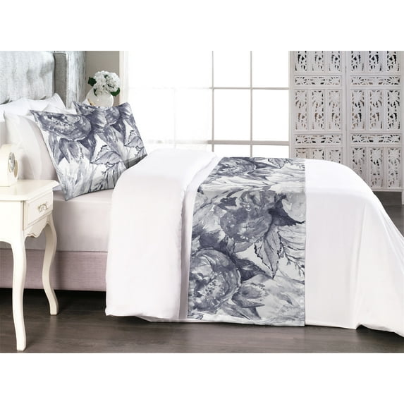 Floral Design Bed Runner Set, Monochrome Wild Nature Flowers Silhouettes Watercolor Style Artwork, Decorative Bedding Scarf & 2 Pillow Shams for Hotels Homes, Queen, White and Purpleblue, by Ambesonne