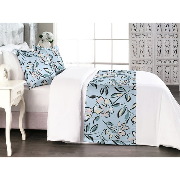 Floral Design Bed Runner Set, Pastel Dream of Blooming Flowers in Peachy and Creamy Details, Decorative Bedding Scarf & 2 Pillow Shams for Hotels Homes, King, Pale Blue and Cadet Blue, by Ambesonne