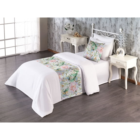 Floral Design Bed Runner Set, Psychedelic Inspirations Dreamy Rose and Lilac with Leaves Greenery, Decorative Bedding Scarf & a Pillow Sham for Hotels Homes, Twin, Jade Green Pale Pink, by Ambesonne