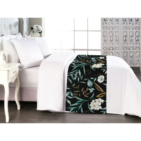 Floral Design Bed Runner, Tropical Leafy Pattern with Hibiscus Flowers Boho on Dark Back, Decorative Accent Bedding Scarf for Hotels Homes & Guest Rooms, King, Sea Green Fawn Eggshell, by Ambesonne