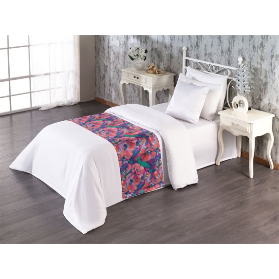 Floral Design Bed Runner, Watercolor Art of a Garden Scene Rose Flowers Jumble Aura Print, Decorative Accent Bedding Scarf for Hotels Homes & Guest Rooms, Twin, Sea Green Coral Indigo, by Ambesonne