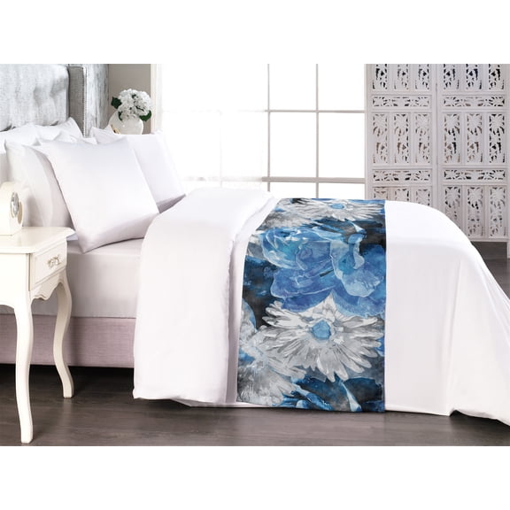 Floral Design Bed Runner, Winter Colors Watercolor Gerbera Pattern Grunge Design Boho Print, Decorative Accent Bedding Scarf for Hotels Homes & Guest Rooms, King, Pale Grey Cobalt Blue, by Ambesonne