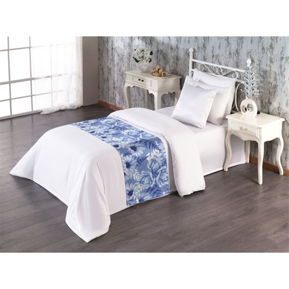 Floral Design Bed Runner, Winter Feels Daisy and Blooming Roses Pattern with Leaves Print, Decorative Accent Bedding Scarf for Hotels Homes & Guest Rooms, Twin, Ceil Blue Dark Lavender, by Ambesonne