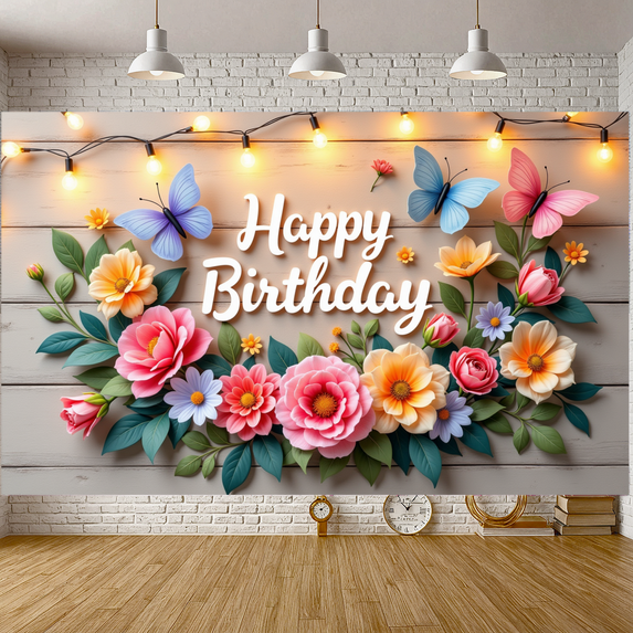 Floral Design Birthday Banner Elegant Butterfly Decoration for Birthday Party Event Celebration Indoor Decoration