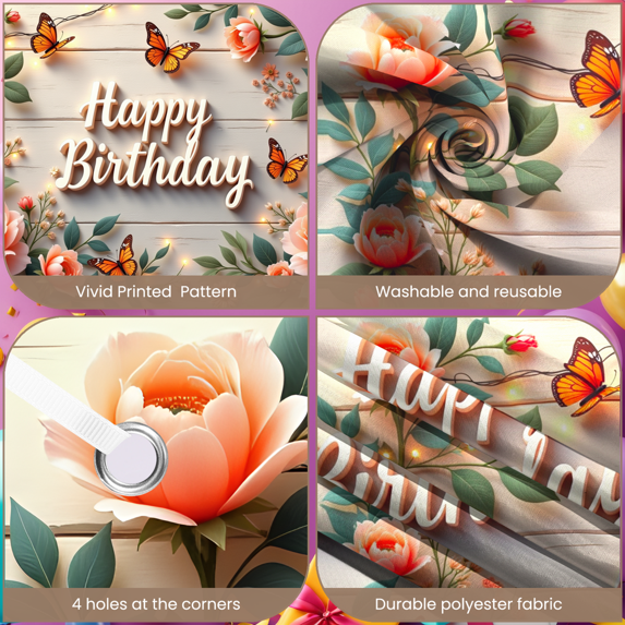 Floral Design Birthday Banner Elegant Butterfly Decoration for Birthday Party Event Celebration Indoor Decoration