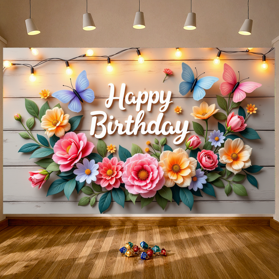 Floral Design Birthday Banner Elegant Butterfly Decoration for Birthday Party Event Celebration Indoor Decoration
