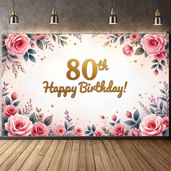 Floral Design Birthday Banner Elegant Flowers Backdrop for 80th Birthday Celebration Party Decoration Event