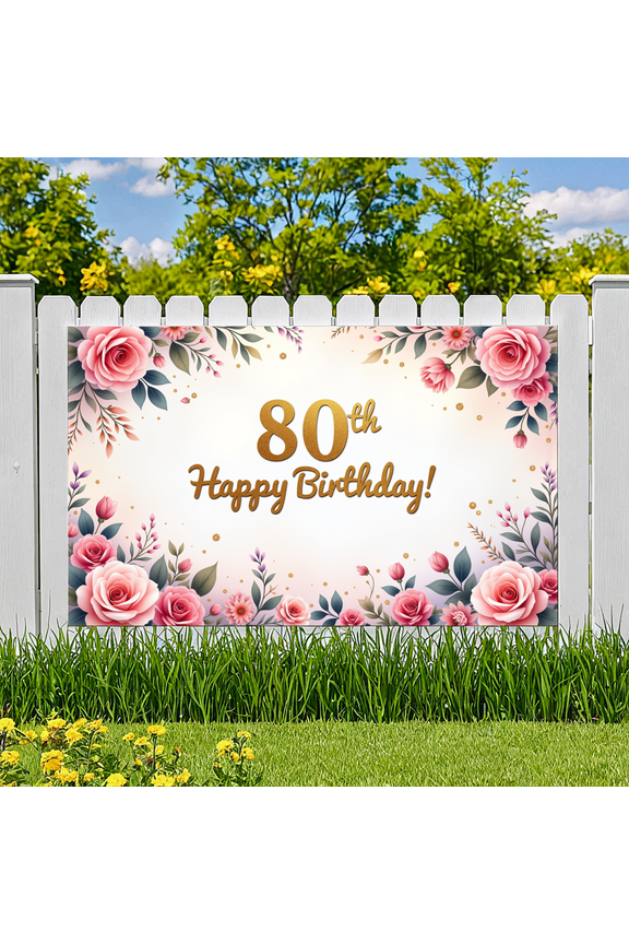 Floral Design Birthday Banner Elegant Flowers Backdrop for 80th Birthday Celebration Party Decoration Event