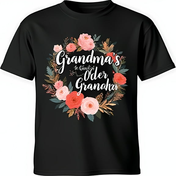Floral Design Black T-Shirt for Grandma 'Greatest Older Granahs' with Roses