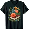 thumbnail image 1 of Floral Design Black T-Shirt with Book Red Roses & Yellow Flower Print, 1 of 5