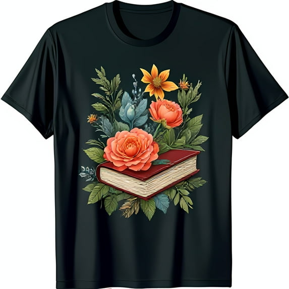 Floral Design Black T-Shirt with Book Red Roses & Yellow Flower Print