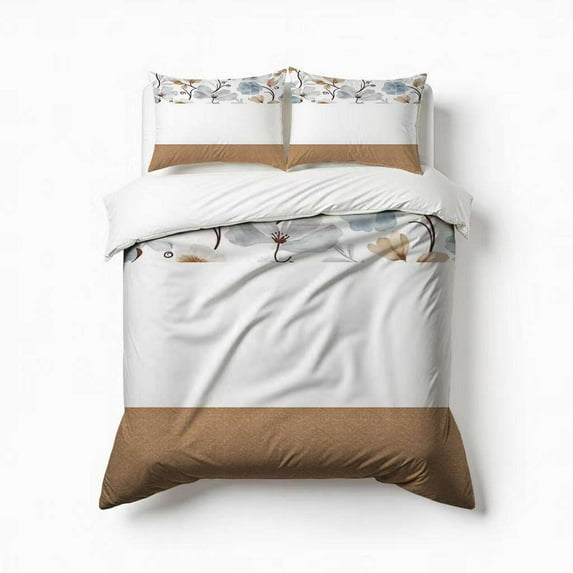 Floral Design Brown Background White Space Bedding Set 3 Pcs Soft Microfiber Quilt Cover For Bedroom Decor, Comforter Cover With 2 Pillowcase