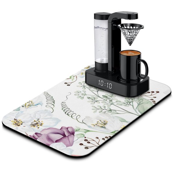 Floral Design Coffee Drying Mat, 19.5x12 inch Heat Resistant, Highly Absorbent, Reversible Diatom Mud Mat Ideal Kitchen Countertop Accessory