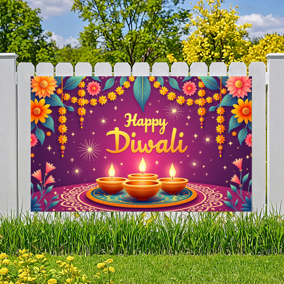 Floral Design Diwali Celebration Banner Festive Lights Happy Diwali Decorative Backdrop for Religious Festival Indoor Decoration Cultural Event