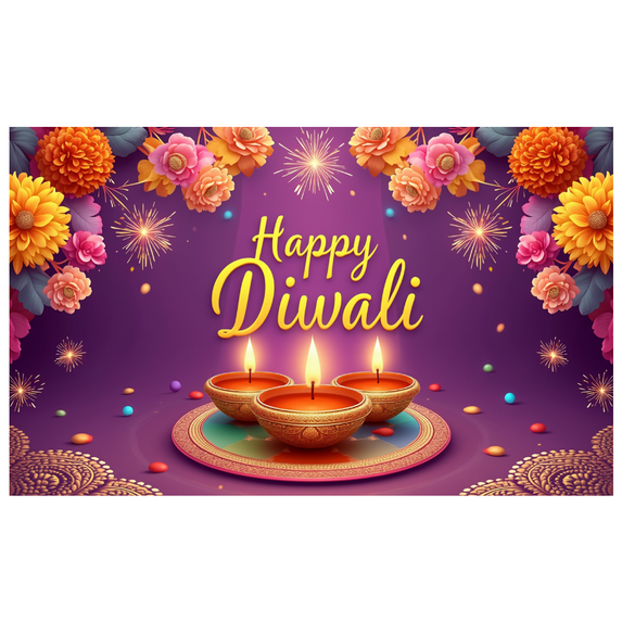 Floral Design Diwali Celebration Banner Festive Lights Happy Diwali Decorative Backdrop for Religious Festival Indoor Decoration Cultural Event