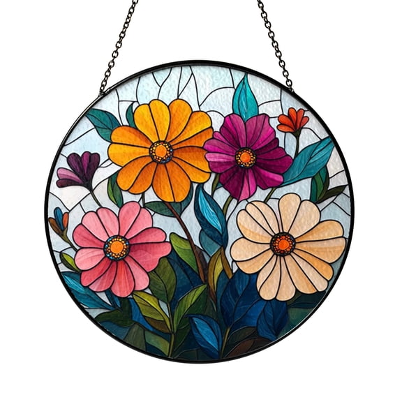 Floral Design Faux Stained Glass Window Suncatcher Copper Look Frame2001