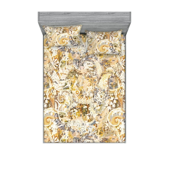 Floral Design Fitted Sheet & Pillow Sham Set, Abstract Boho Ornamented Garden Scene Grunge Design Flowers Vintage, Decorative Printed 3 Piece Bedding Decor, Queen, Champagne Multicolor, by Ambesonne