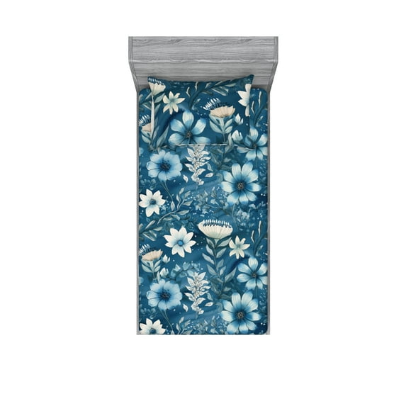 Floral Design Fitted Sheet & Pillow Sham Set, Aquatic Colors Night Jungle Flowers Silhouettes with Leafy Atmosphere, Decorative Printed 2 Piece Bedding Decor, Twinxl, Sea Blue Eggshell, by Ambesonne