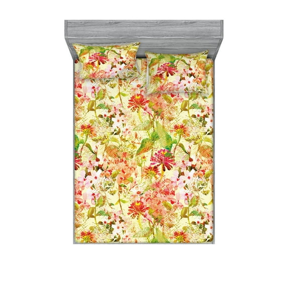 Floral Design Fitted Sheet & Pillow Sham Set, Asian Feels Watercolor Silhouettes of Flowers Dreamy Composition Print, Decorative Printed 3 Piece Bedding Decor, King, Apple Green Coral, by Ambesonne