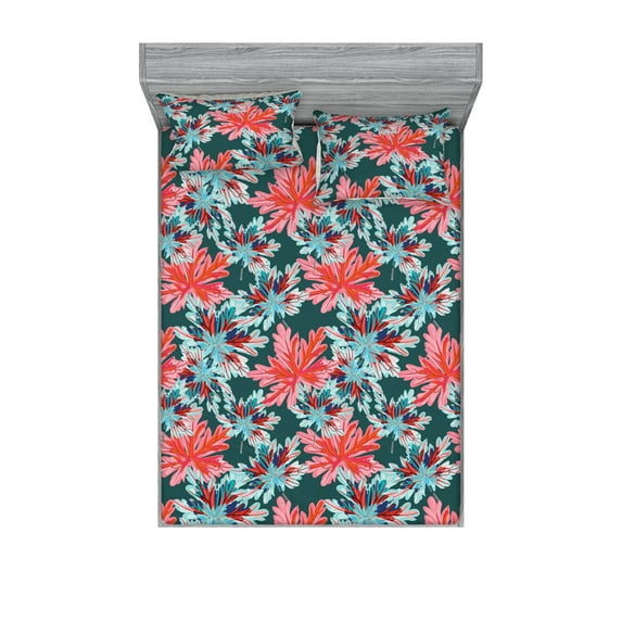 Floral Design Fitted Sheet & Pillow Sham Set, Cartoon Winter Colors Flowers Vintage Pattern on Teal Tone Back, Decorative Printed 3 Piece Bedding Decor, Calking, Pastel Pink Mint Green, by Ambesonne